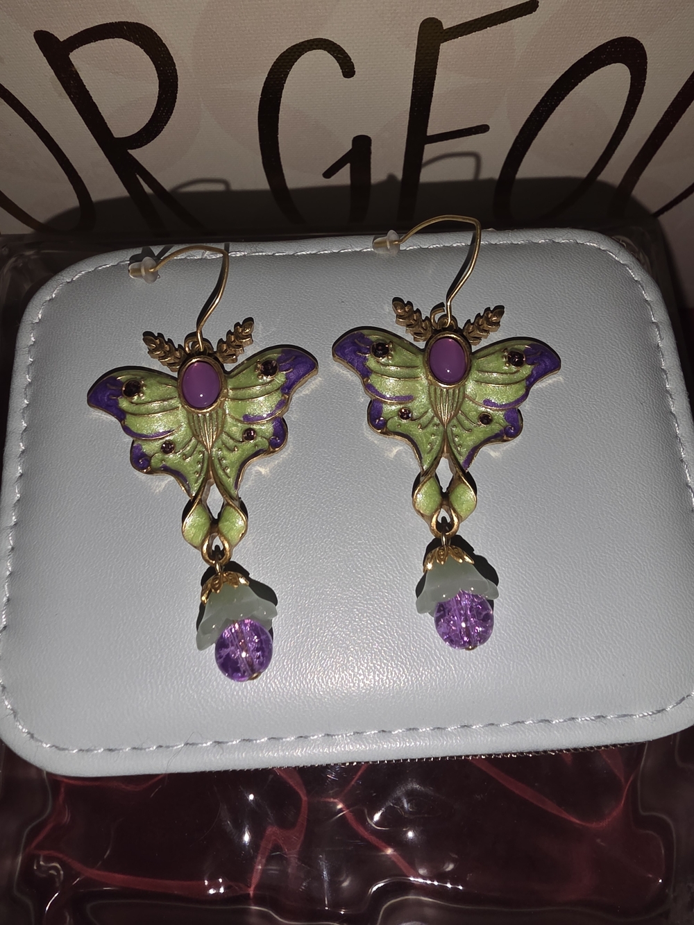 Gold-Tone Green & Purple Butterfly Drop Earrings with Purple Crystal Dangles